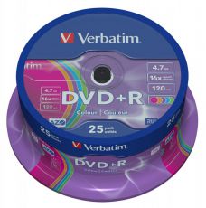 Диск DVD+R Verbatim 4.7Gb 16x AZO colour surface Cake Box (25шт) 43733